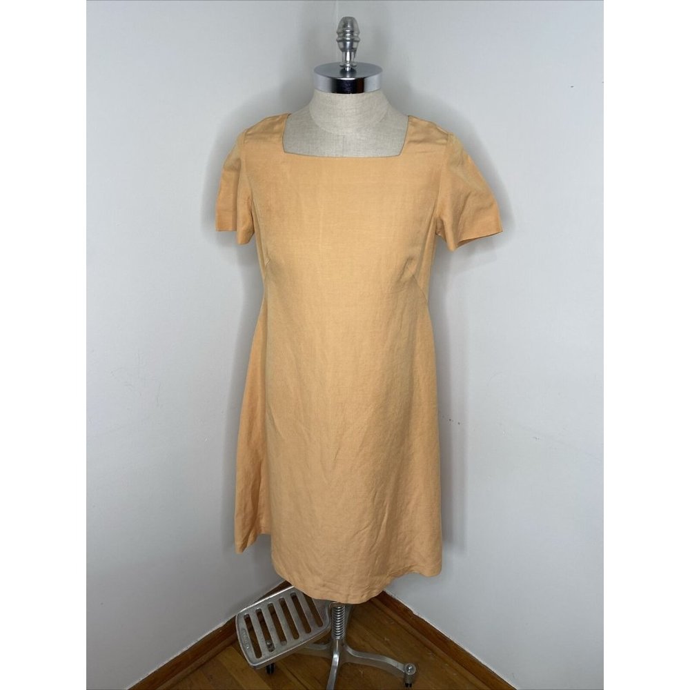 Laura Ashley Dress Sz US 10 UK 14 Silk Linen Peach Short Sleeve Midi Square Neck